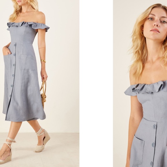 reformation hattie off the shoulder linen dress